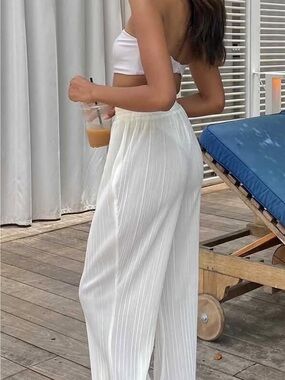 Noble White Pleated Swim Coverup Pants - Lightweight Beach Trousers